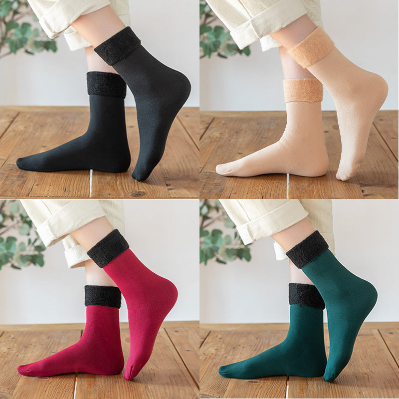 Socks women's mid-calf warm floor socks men and women's solid color confinement sleep socks autumn and winter fleece-lined thick snow socks