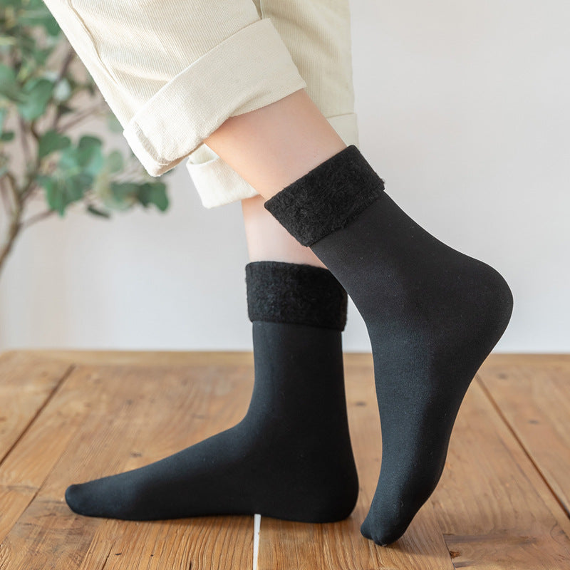 Socks women's mid-calf warm floor socks men and women's solid color confinement sleep socks autumn and winter fleece-lined thick snow socks